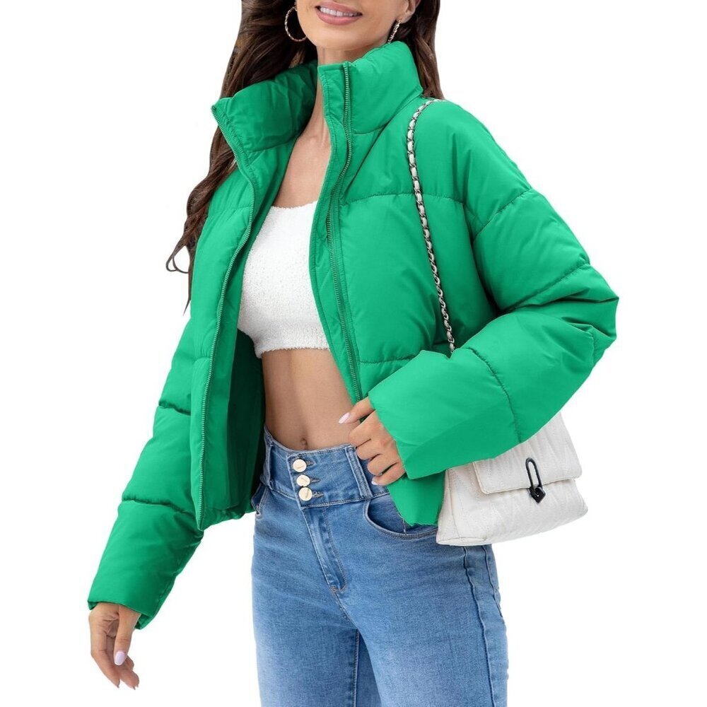 Women’s Jacket Puffer Quilted Jackets Long Sleeve Stand Collar Zipper Coat Green